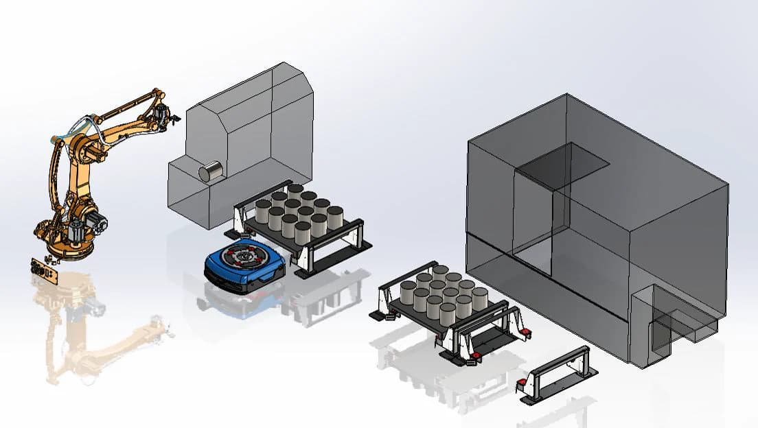 Projektspezifisches CAD-Konzept mit Säge, Schwerlastroboter, AMR und CNC
